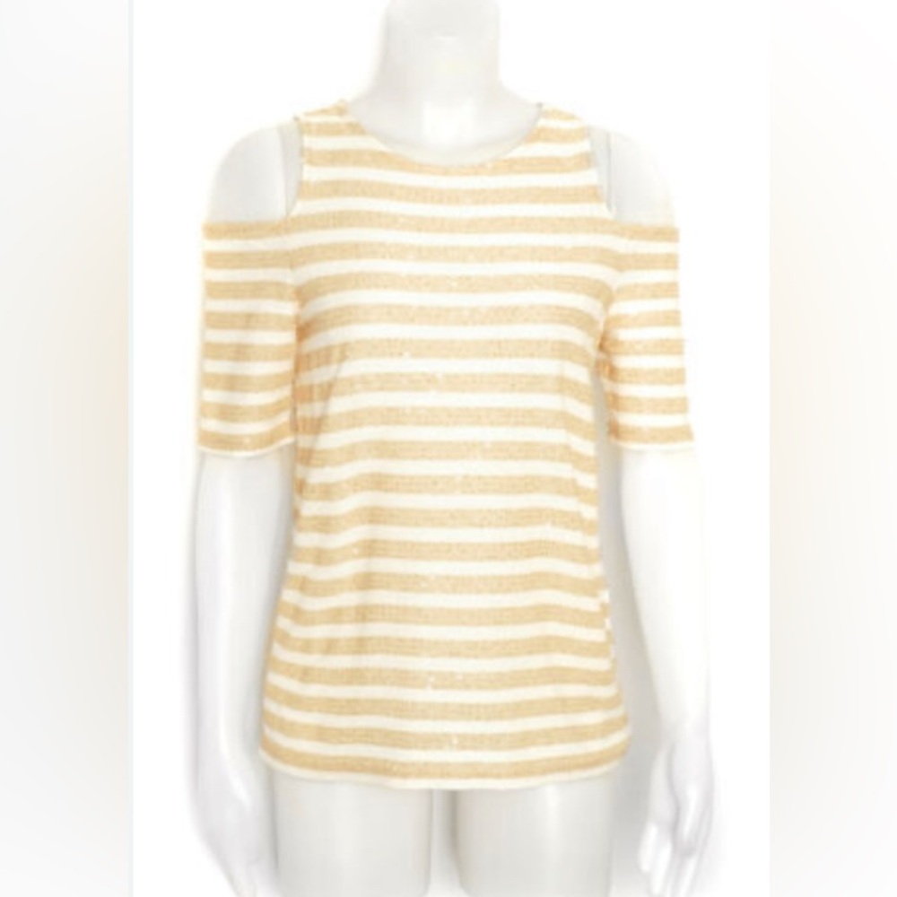 B11 Chico’s Women’s Striped Cold Shoulder Top Size 1. Bust 38” length 23.5”.